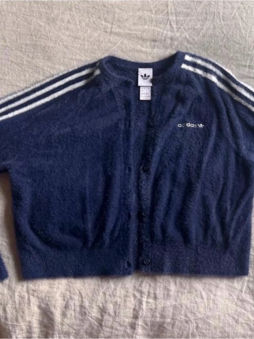 adidas Navy Fuzzy Button Cardigan with White Stripe Details